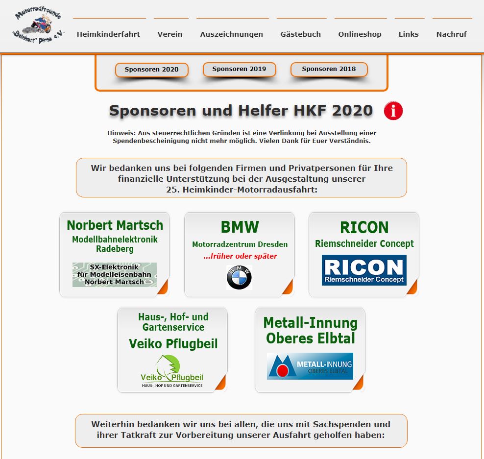 HKF 2020 Sponsoring, Quelle: Screenshot vom 05.11.2019 Sponsorenseite HKF 2020 https://www.motorradfreunde-pirna.de